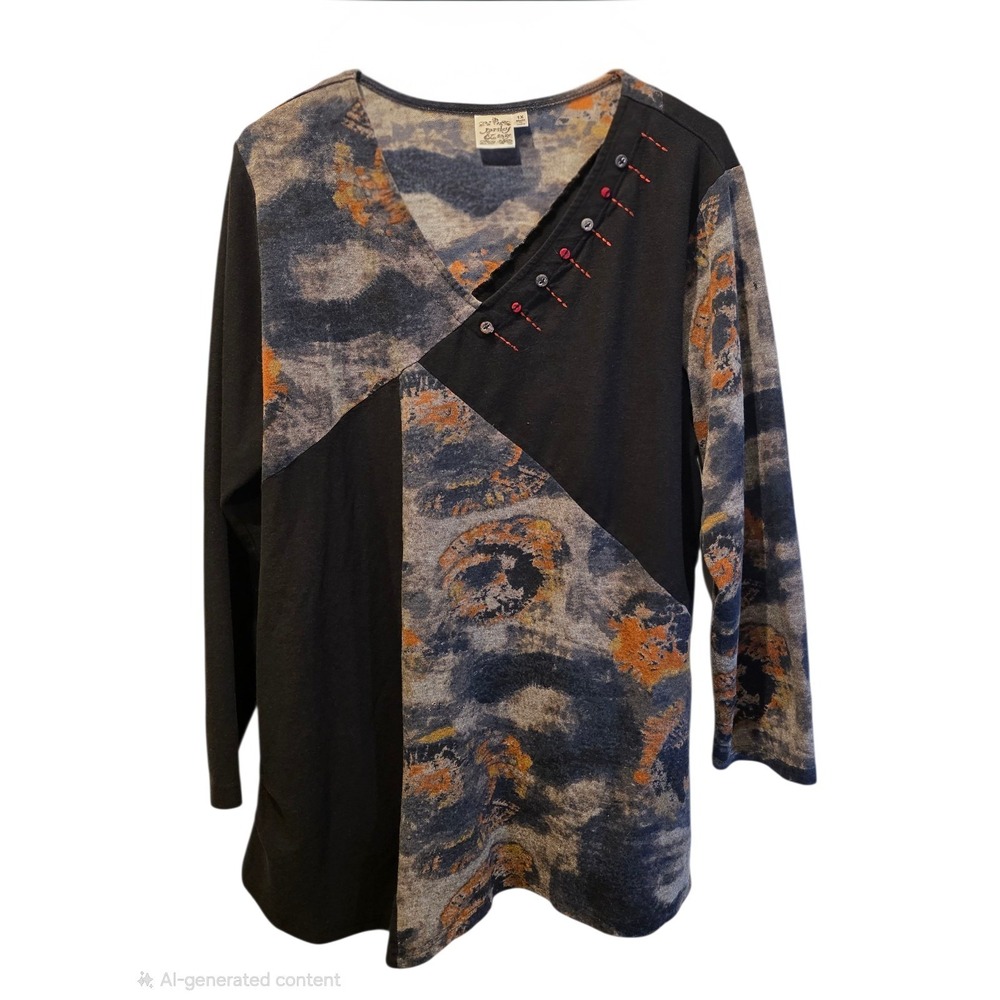 Parsley & Sage Women's 1X Long Sleeve Tunic Top Multicolor Patchwork Asymmetrica